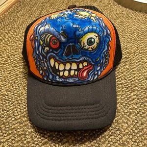 Hand Painted and Airbrushed Blue Monster Graphic Trucker Hat with Orange Panels